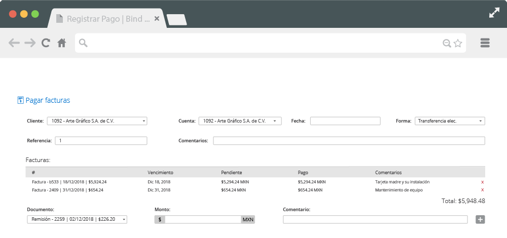 Pantalla de Complemento 3.3 para varias facturas de Bind ERP