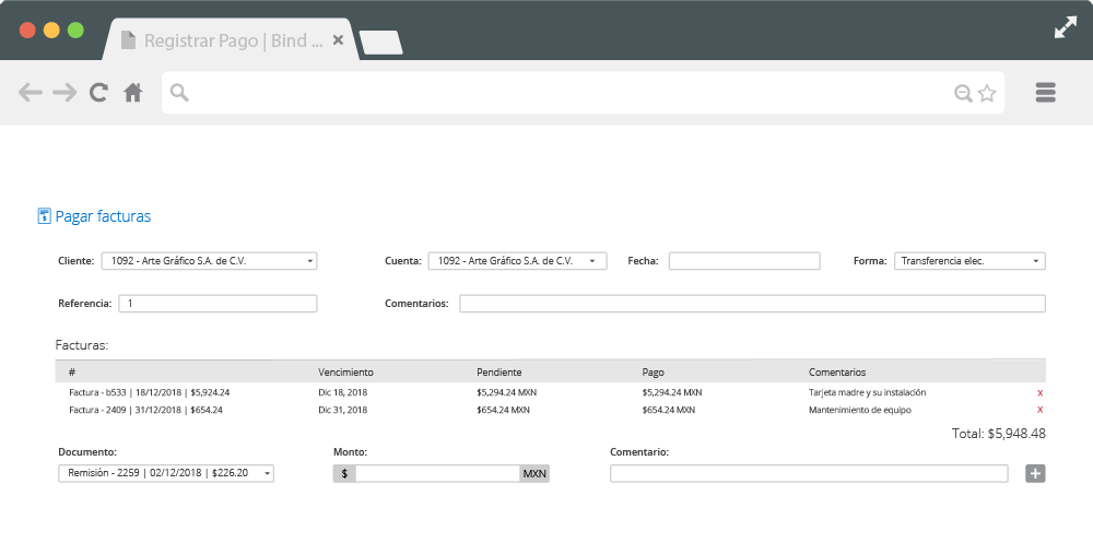 Pantalla de Complemento 3.3 para varias facturas de Bind ERP