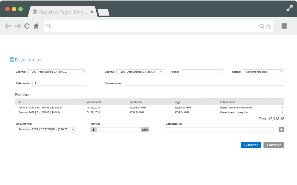 Pantalla de Complemento 3.3 para varias facturas de Bind ERP