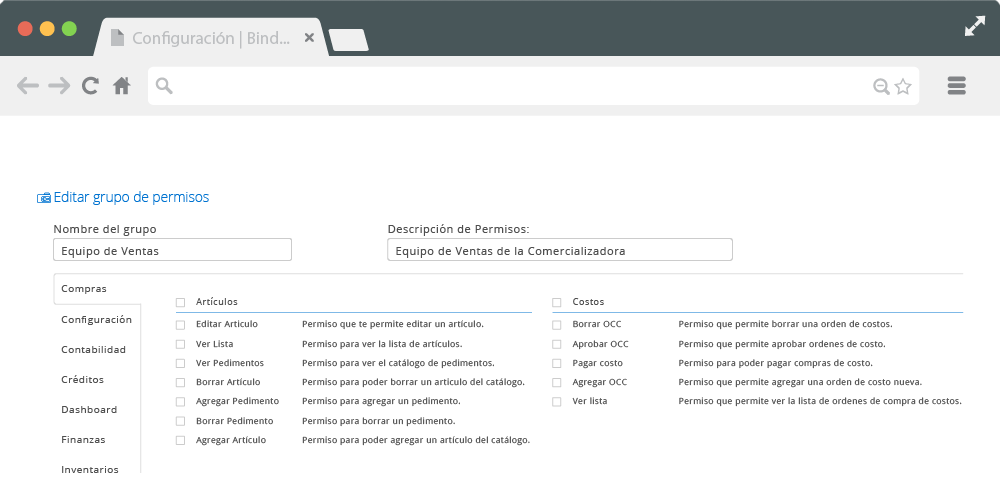 Pantalla de Bind ERP en la sección de Catálogo de Permisos